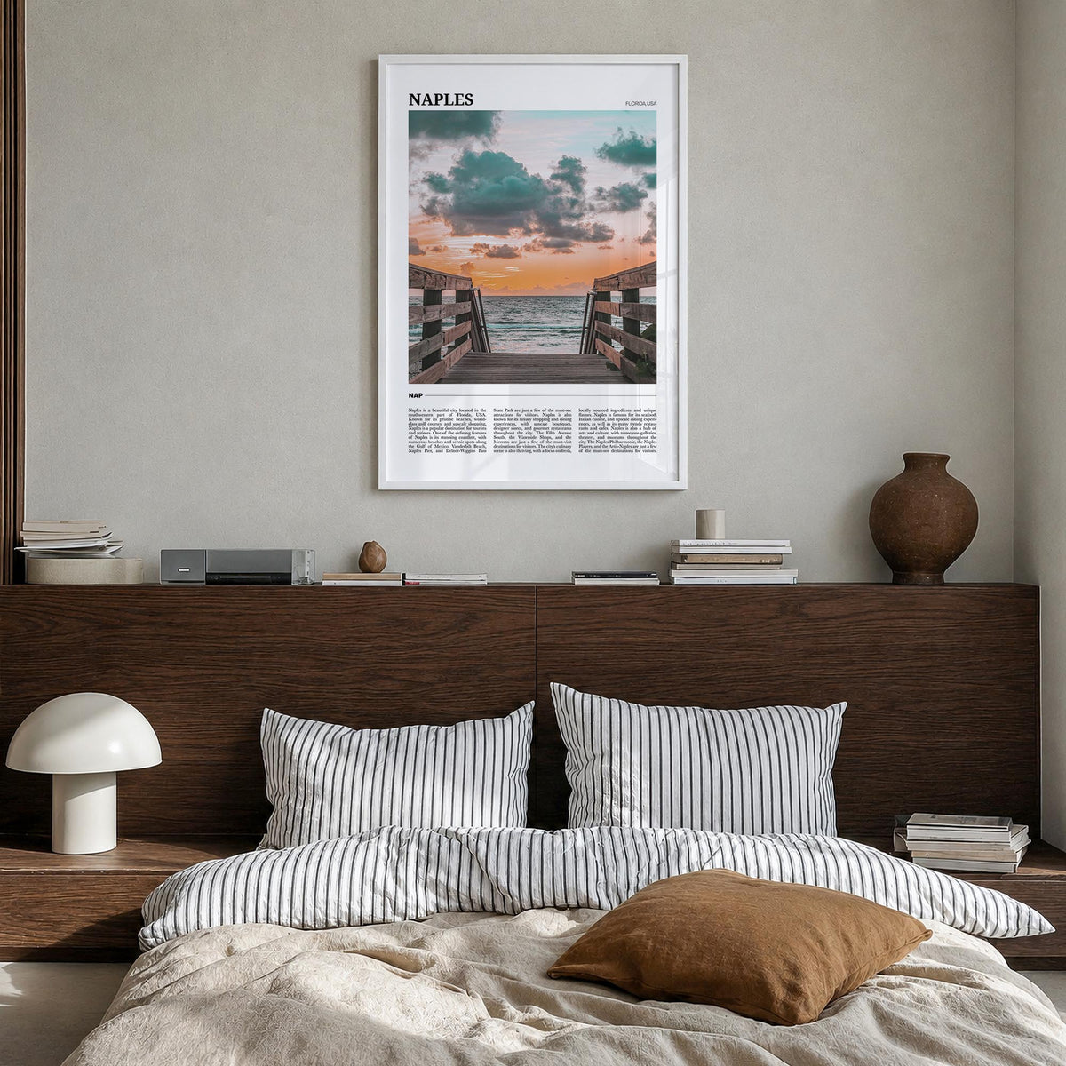 Naples, Florida no. 1 colorful travel poster of Florida, USA – vertical wall art in white wood frame, hanging on wall