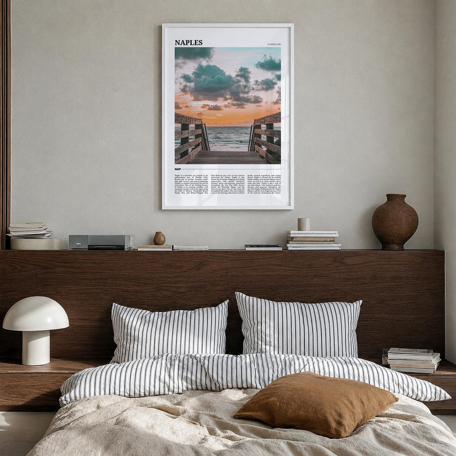 Naples, Florida no. 1 colorful travel poster of Florida, USA – vertical wall art in white wood frame, hanging on wall