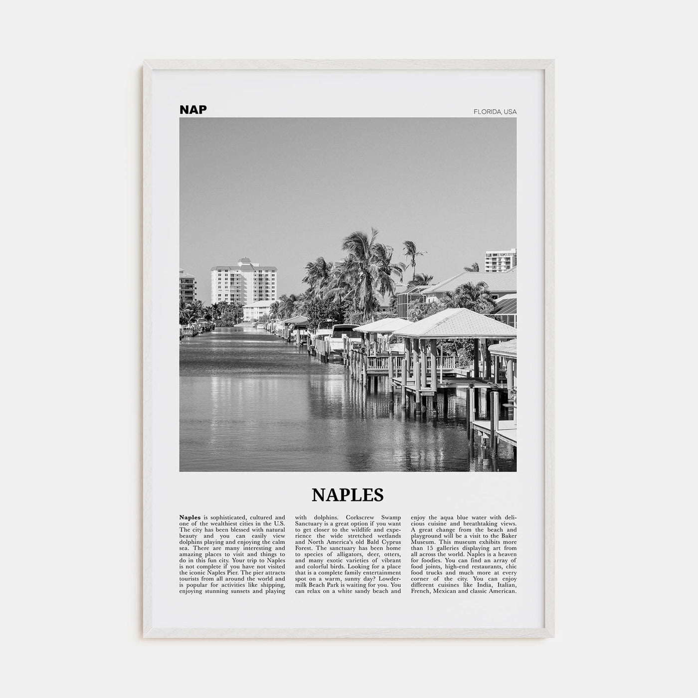 Naples, Florida Poster White Wood / 8x12 in Nbourhood Travel B&W Poster