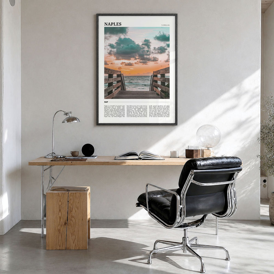Naples, Florida Travel No 1 Poster in a black wood frame, hanging in a bright home office
