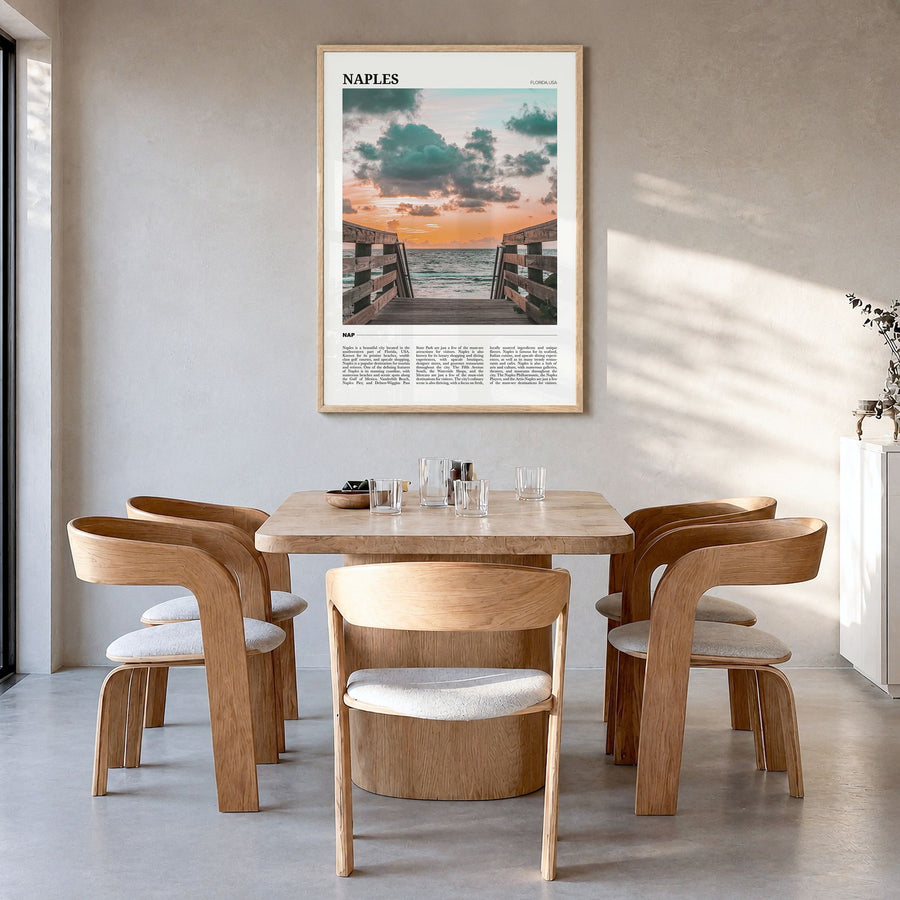 Naples, Florida Travel No 1 Poster in a natural wood frame, hanging in a dining room