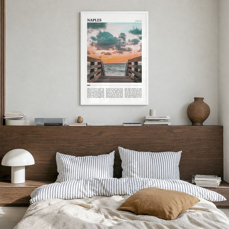 Naples, Florida Travel No 1 Poster in a white wood frame, hanging in a bedroom
