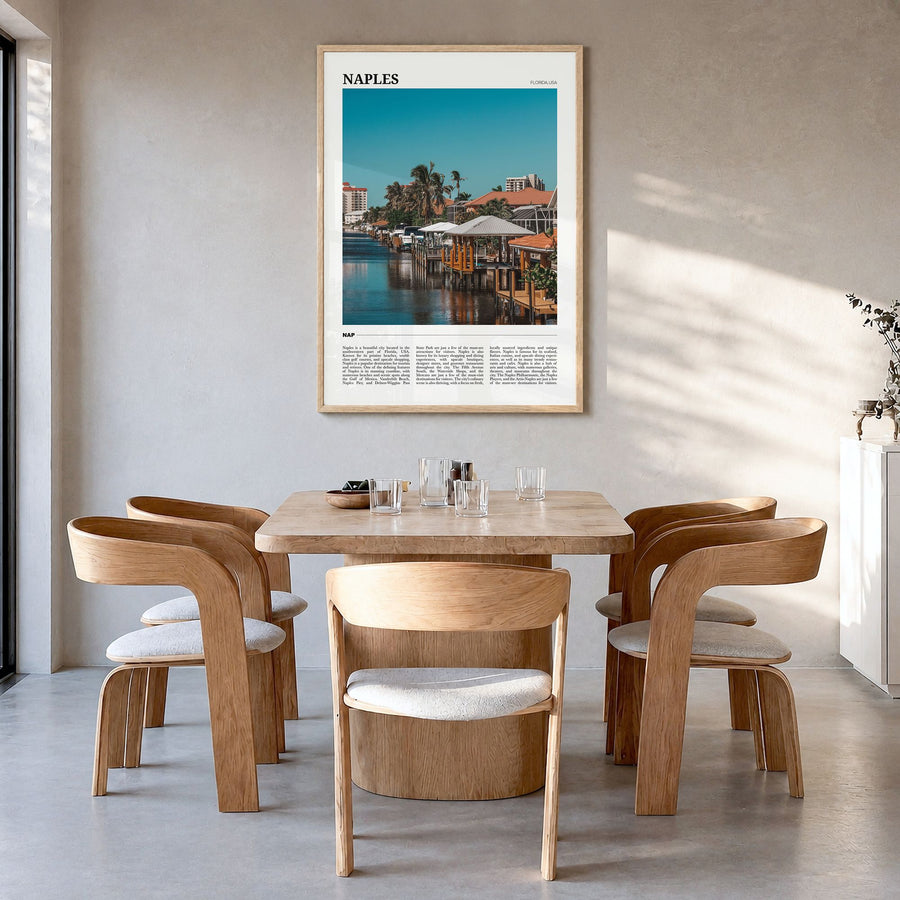 Naples, Florida Travel No 2 Poster in a natural wood frame, hanging in a dining room