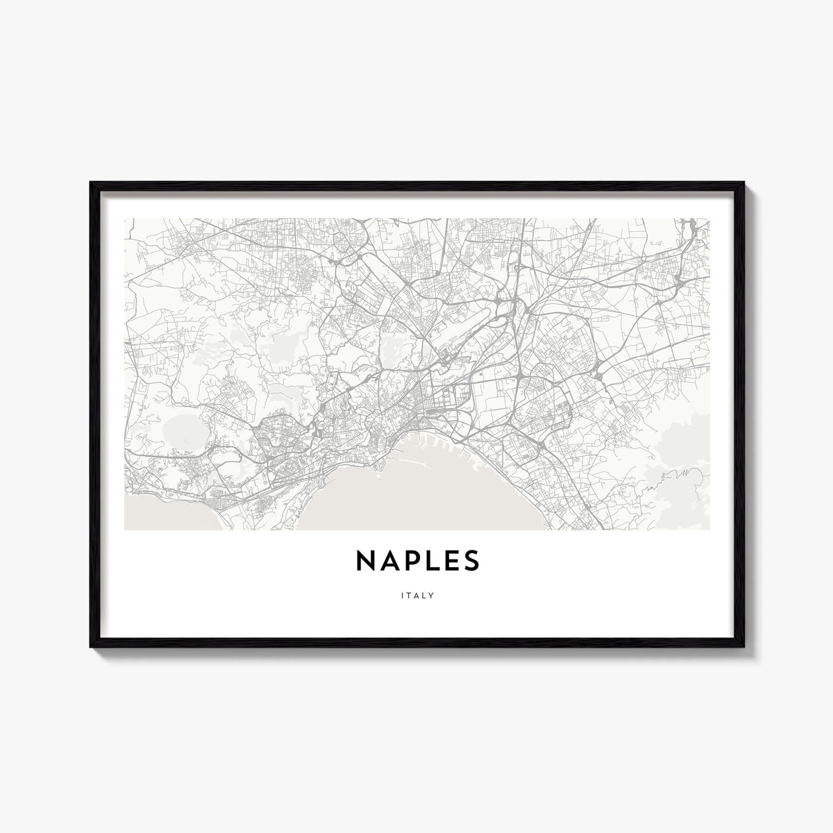 Naples, Italy black & white map poster of Italy – horizontal wall art, unframed print shown in interior mockup