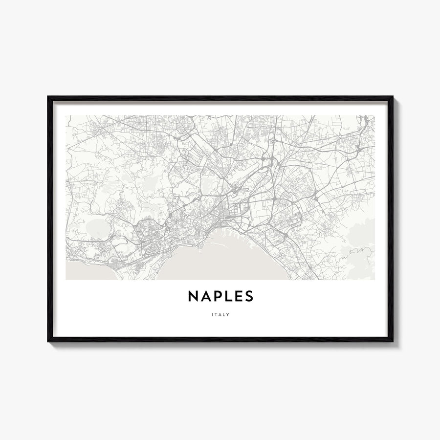 Naples, Italy black & white map poster of Italy – horizontal wall art, unframed print shown in interior mockup