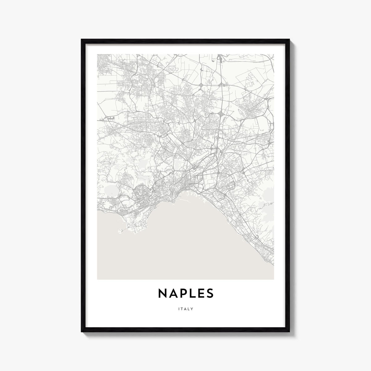 Naples, Italy black & white map poster of Italy – vertical wall art, unframed print shown in interior mockup