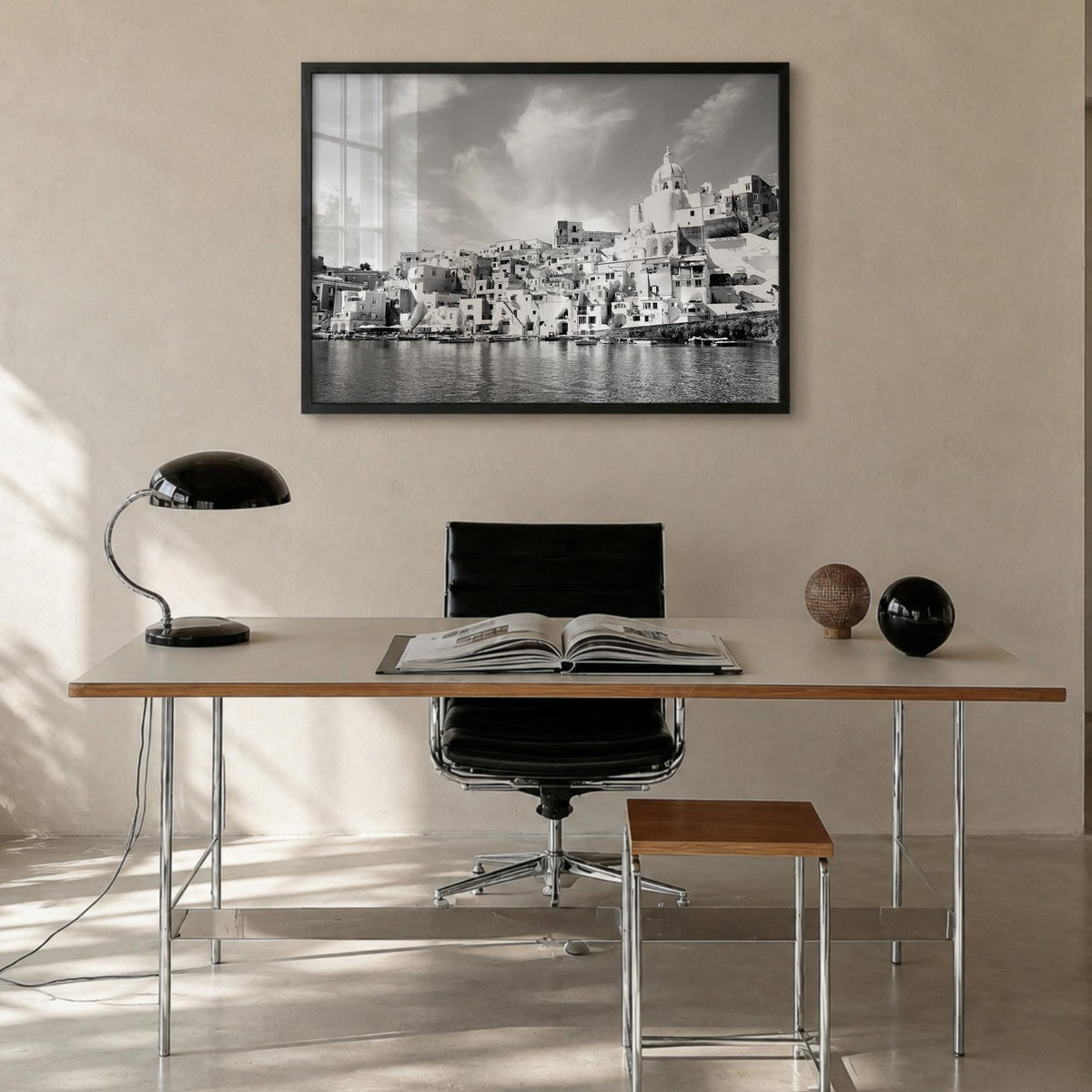 Naples, Italy black & white photo poster of Italy – horizontal wall art in black wood frame, hanging on wall