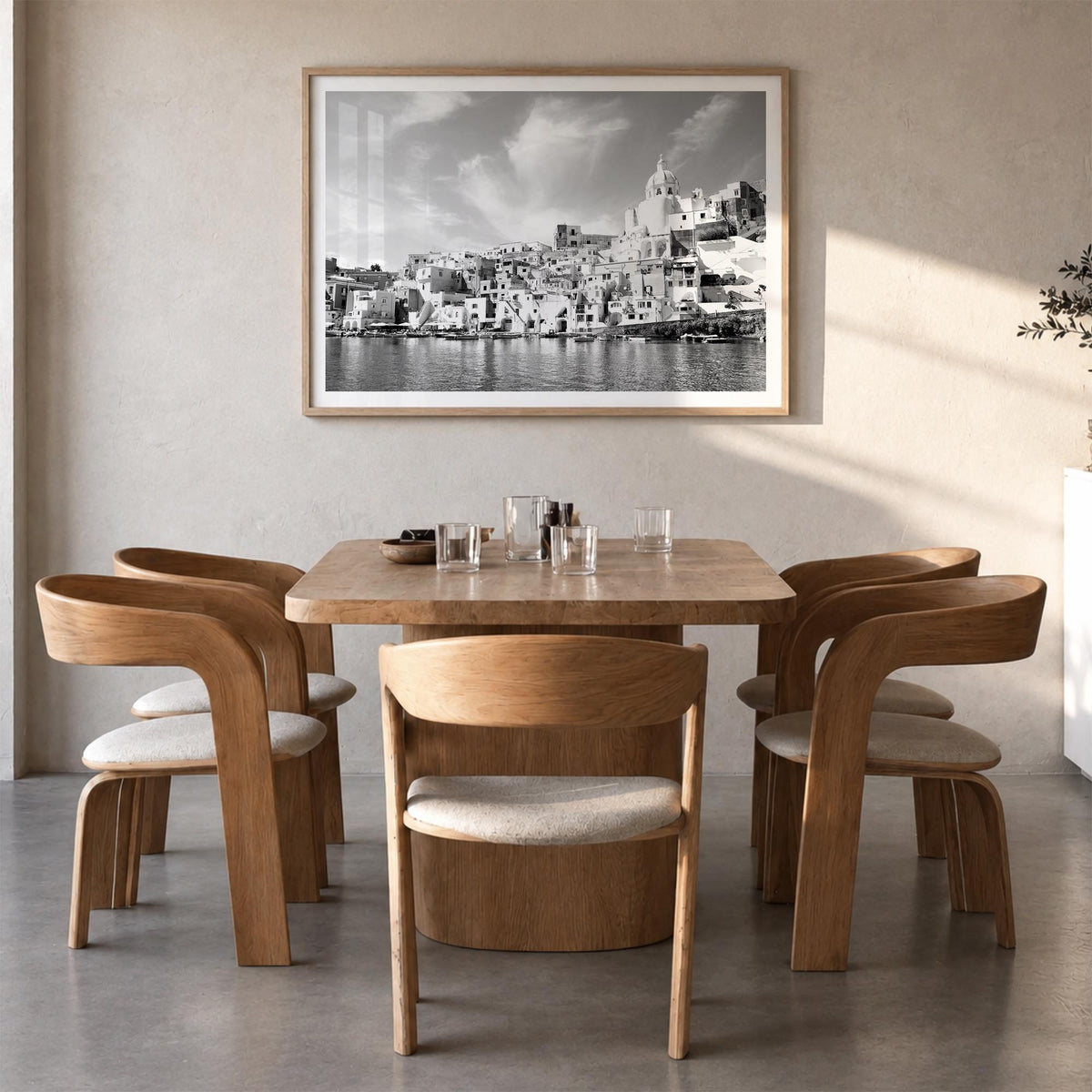 Naples, Italy black & white photo poster of Italy – horizontal wall art in natural wood frame with white border, hanging on w