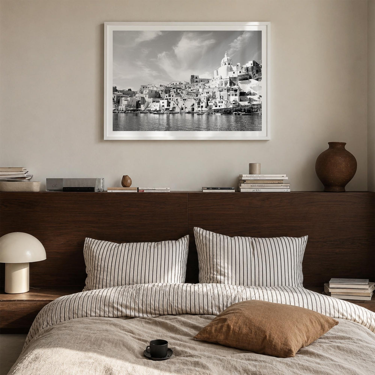 Naples, Italy black & white photo poster of Italy – horizontal wall art in white wood frame with white border, hanging on wal