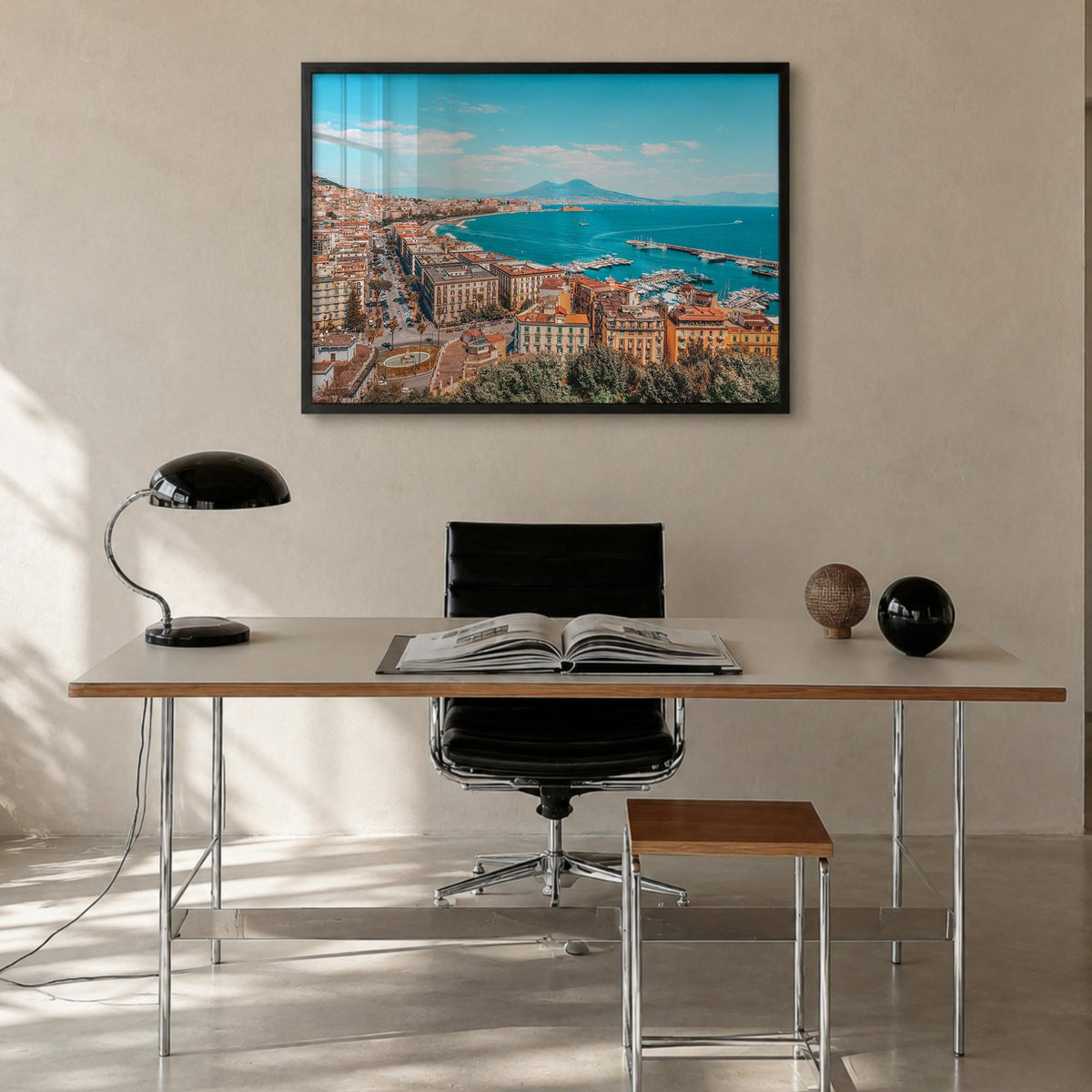 Naples, Italy colorful photo poster of Italy – horizontal wall art in black wood frame, hanging on wall