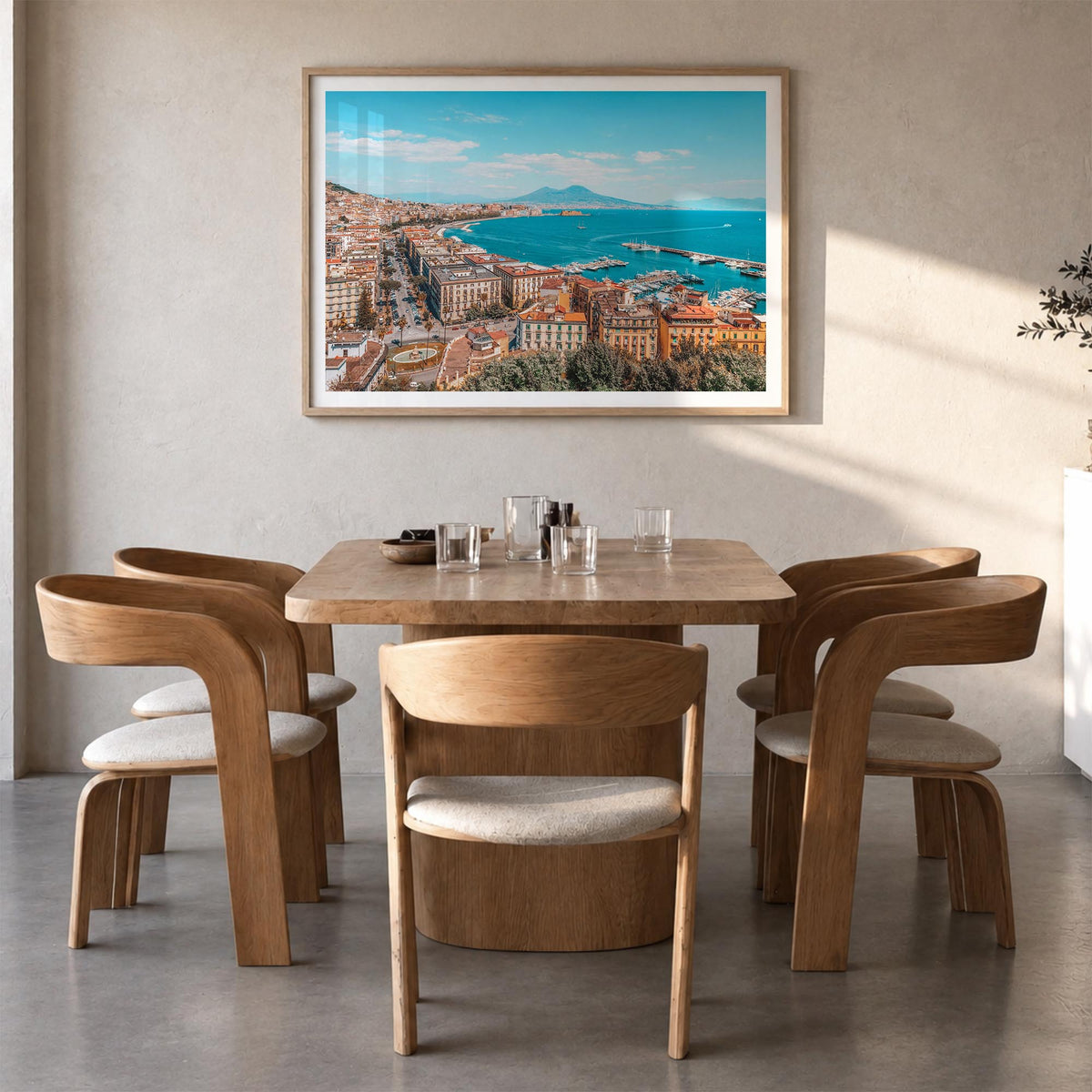 Naples, Italy colorful photo poster of Italy – horizontal wall art in natural wood frame with white border, hanging on wall