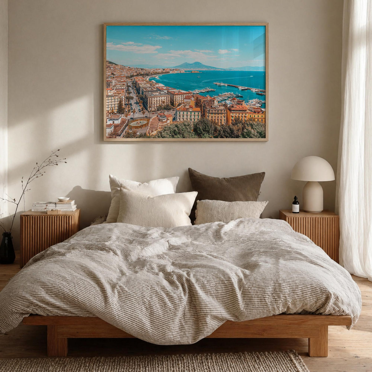 Naples, Italy colorful photo poster of Italy – horizontal wall art in natural wood frame, hanging on wall