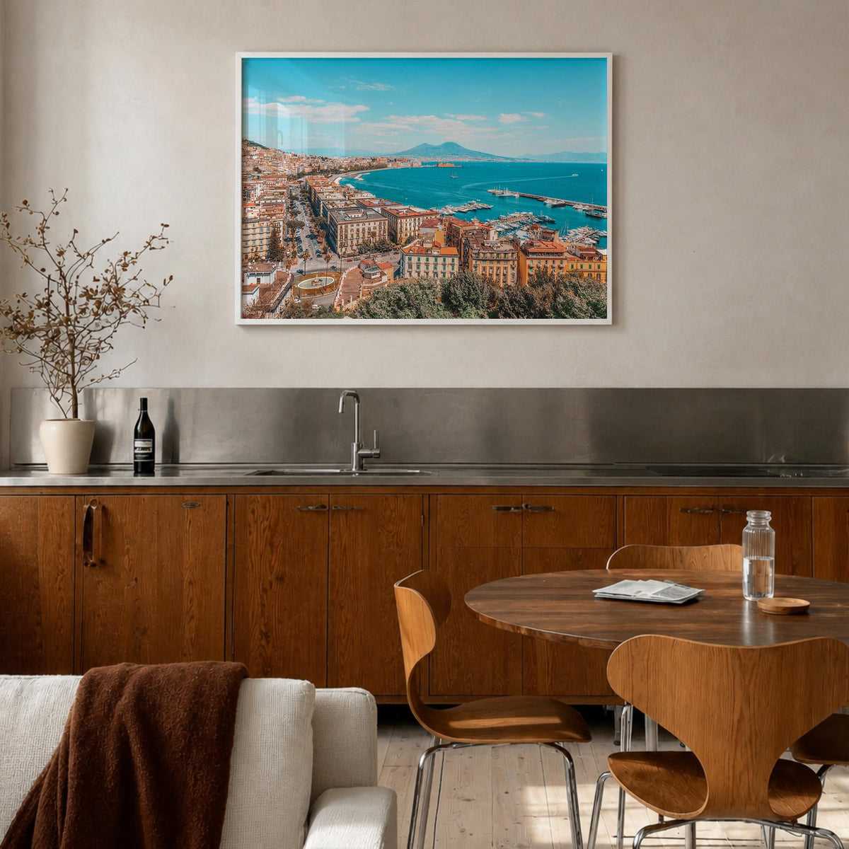 Naples, Italy colorful photo poster of Italy – horizontal wall art in white wood frame, hanging on wall