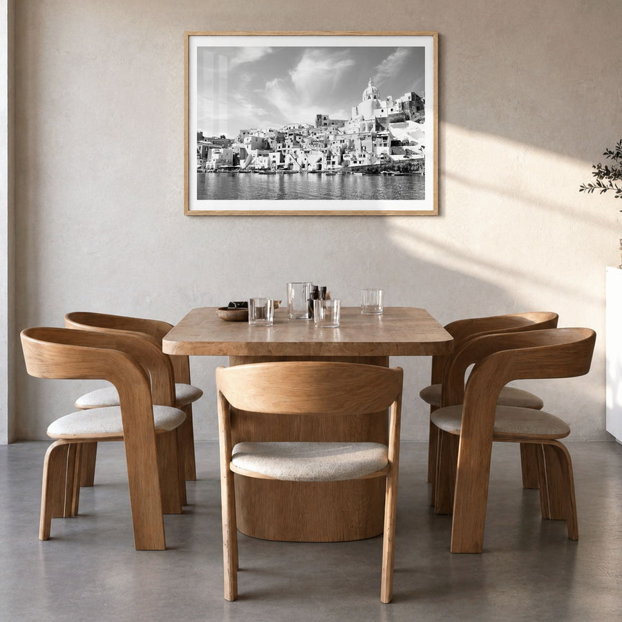 Naples, Italy Photo Poster in a natural wood frame, hanging in a dining room, white border