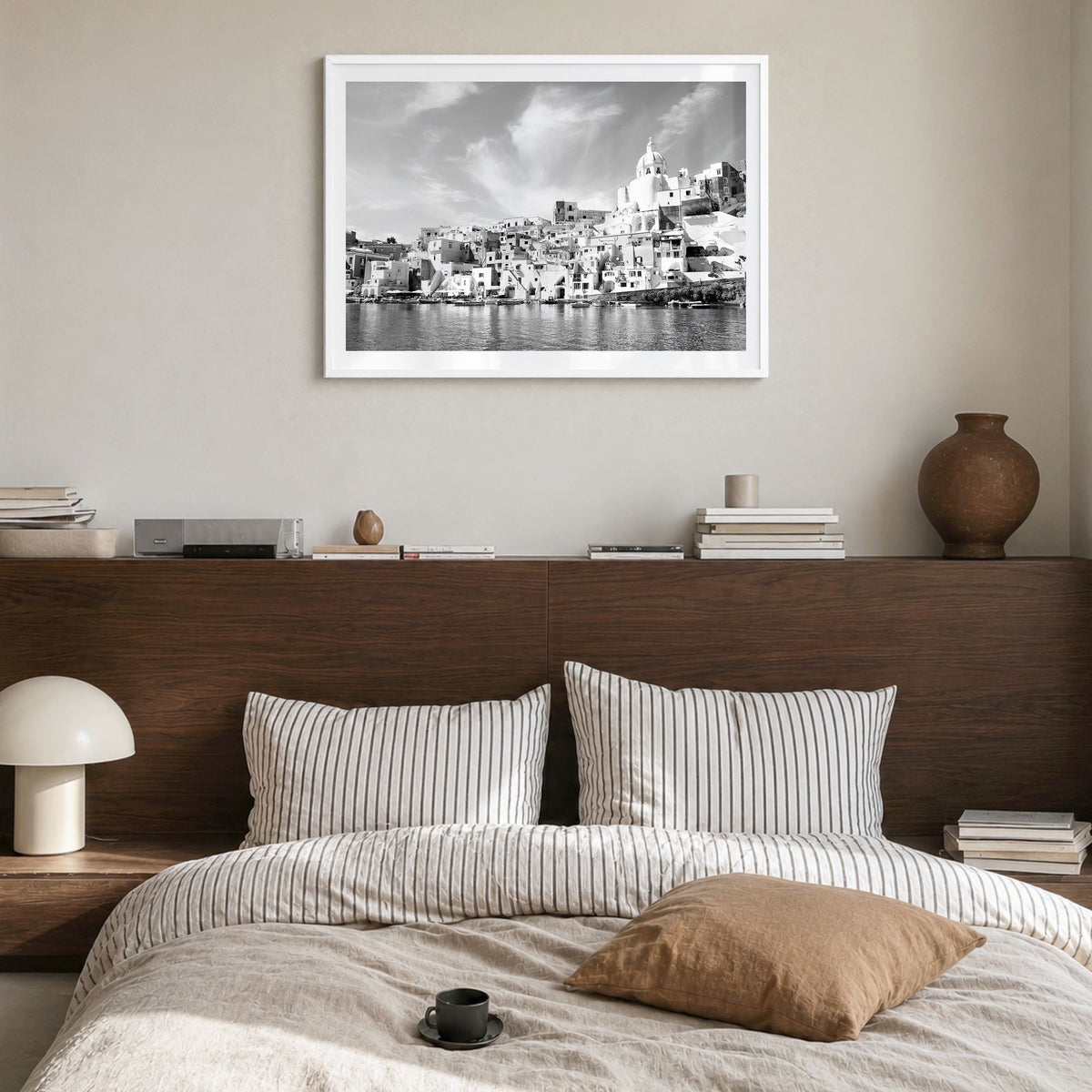 Naples, Italy Photo Poster in a white wood frame, hanging in a bedroom, white border