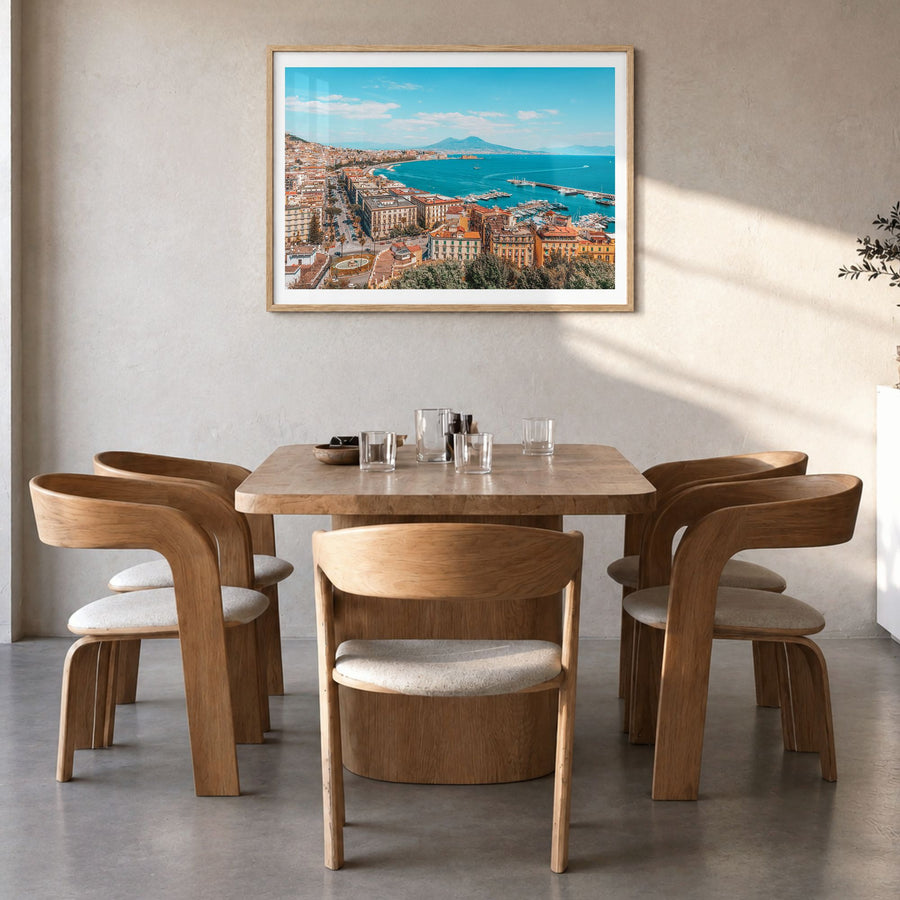 Naples, Italy Photo Poster in a natural wood frame, hanging in a dining room, white border