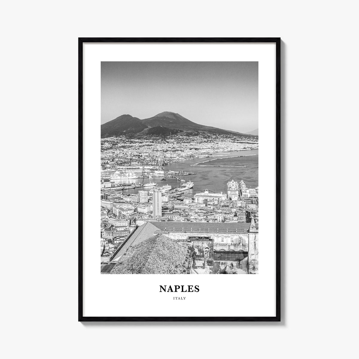Naples, Italy no. 1 black & white classic poster of Italy – vertical wall art, unframed print shown in interior mockup