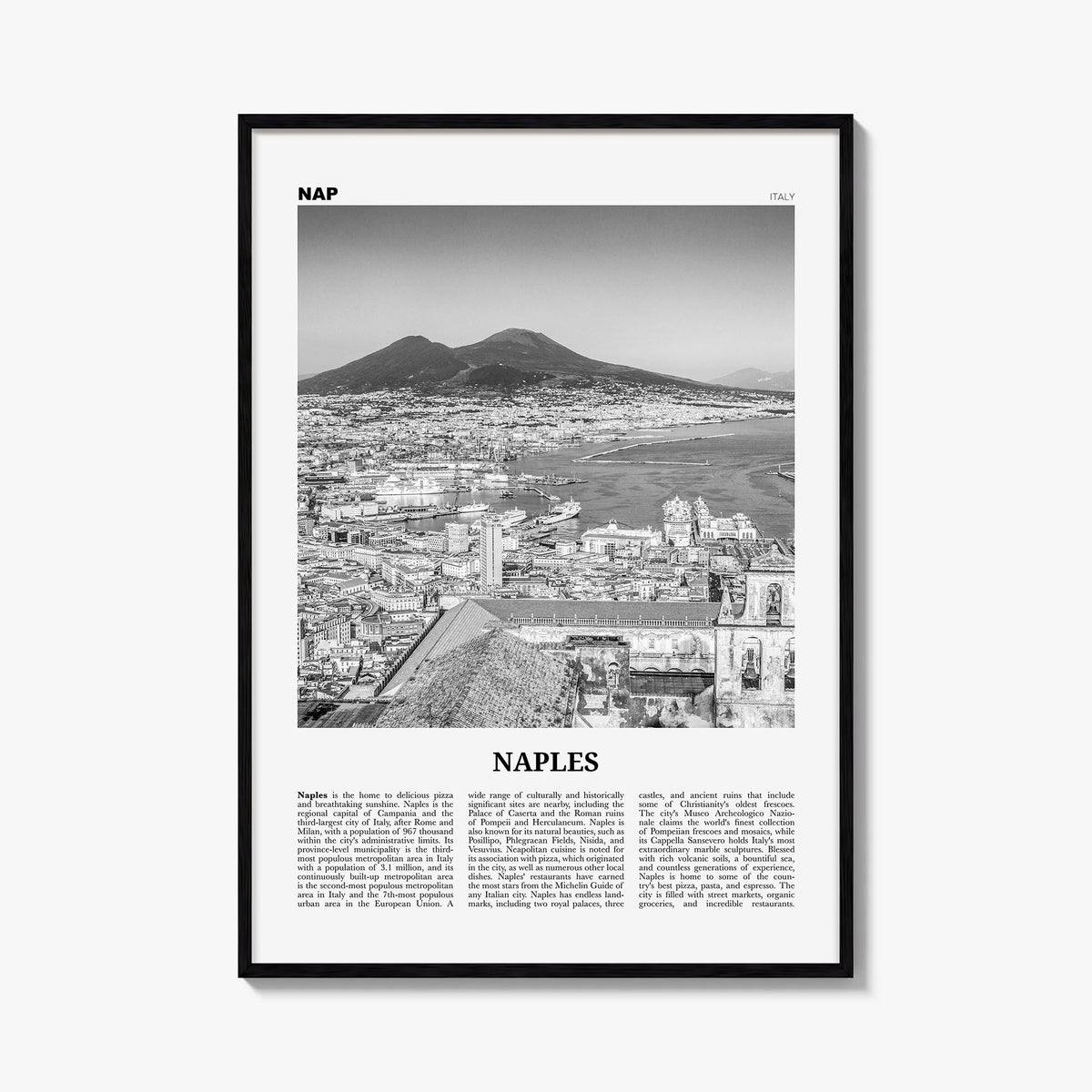 Naples, Italy no. 1 black & white newspaper poster of Italy – vertical wall art, unframed print shown in interior mockup