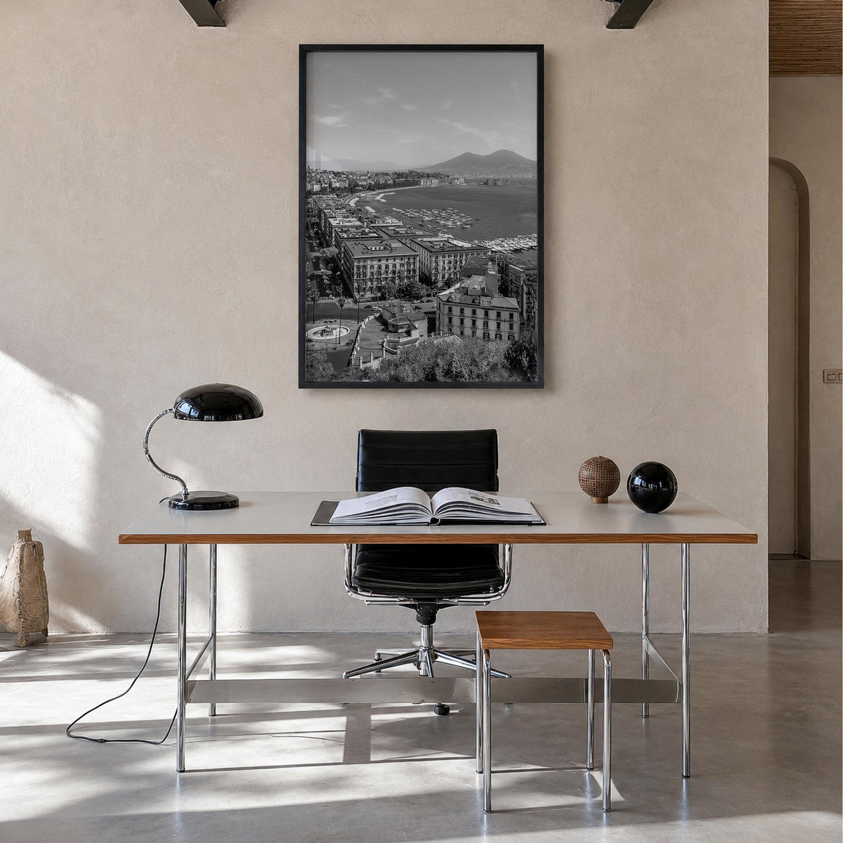 Naples, Italy no. 1 black & white photo poster of Italy – vertical wall art in black wood frame, hanging on wall