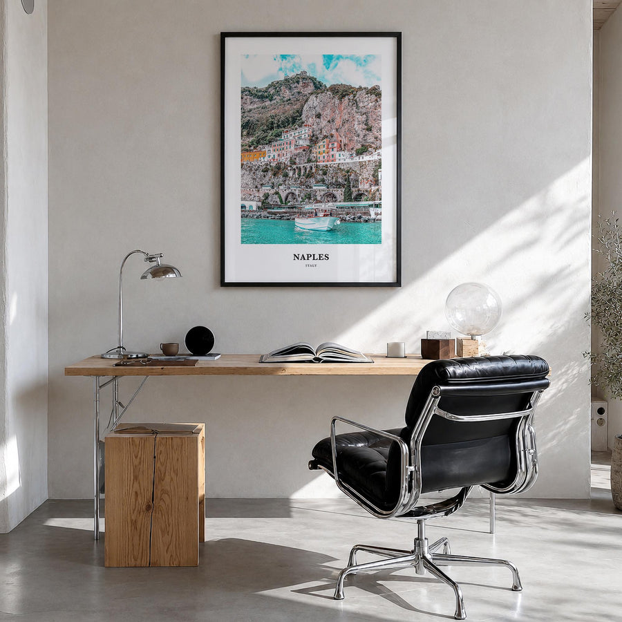 Naples, Italy no. 1 colorful classic poster of Italy – vertical wall art in black wood frame, hanging on wall