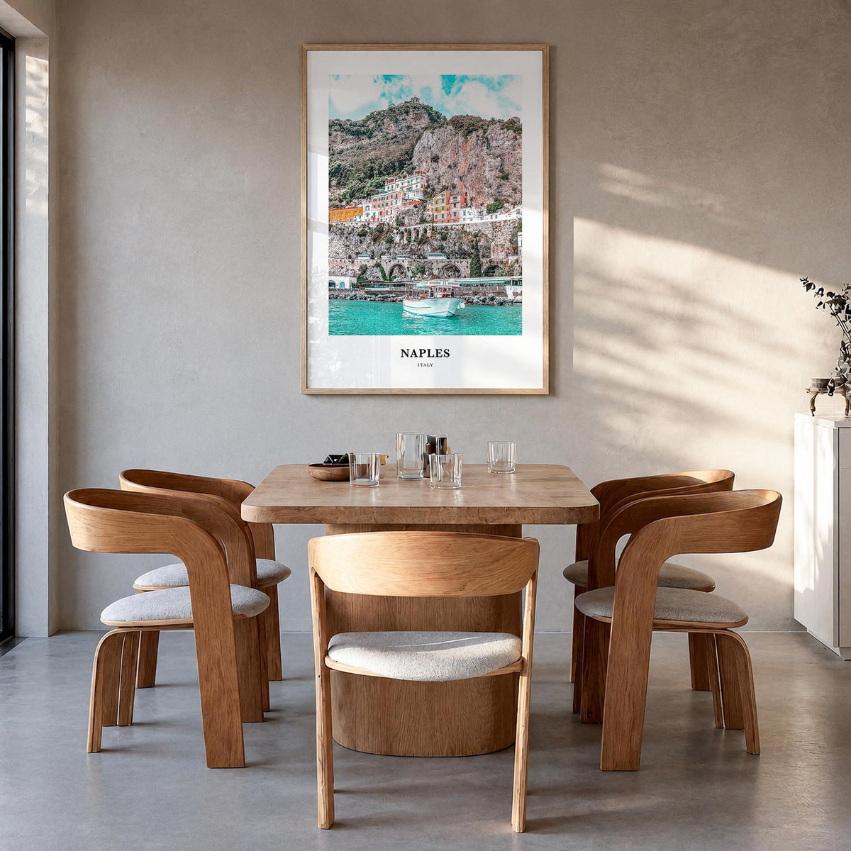 Naples, Italy no. 1 colorful classic poster of Italy – vertical wall art in natural wood frame, hanging on wall