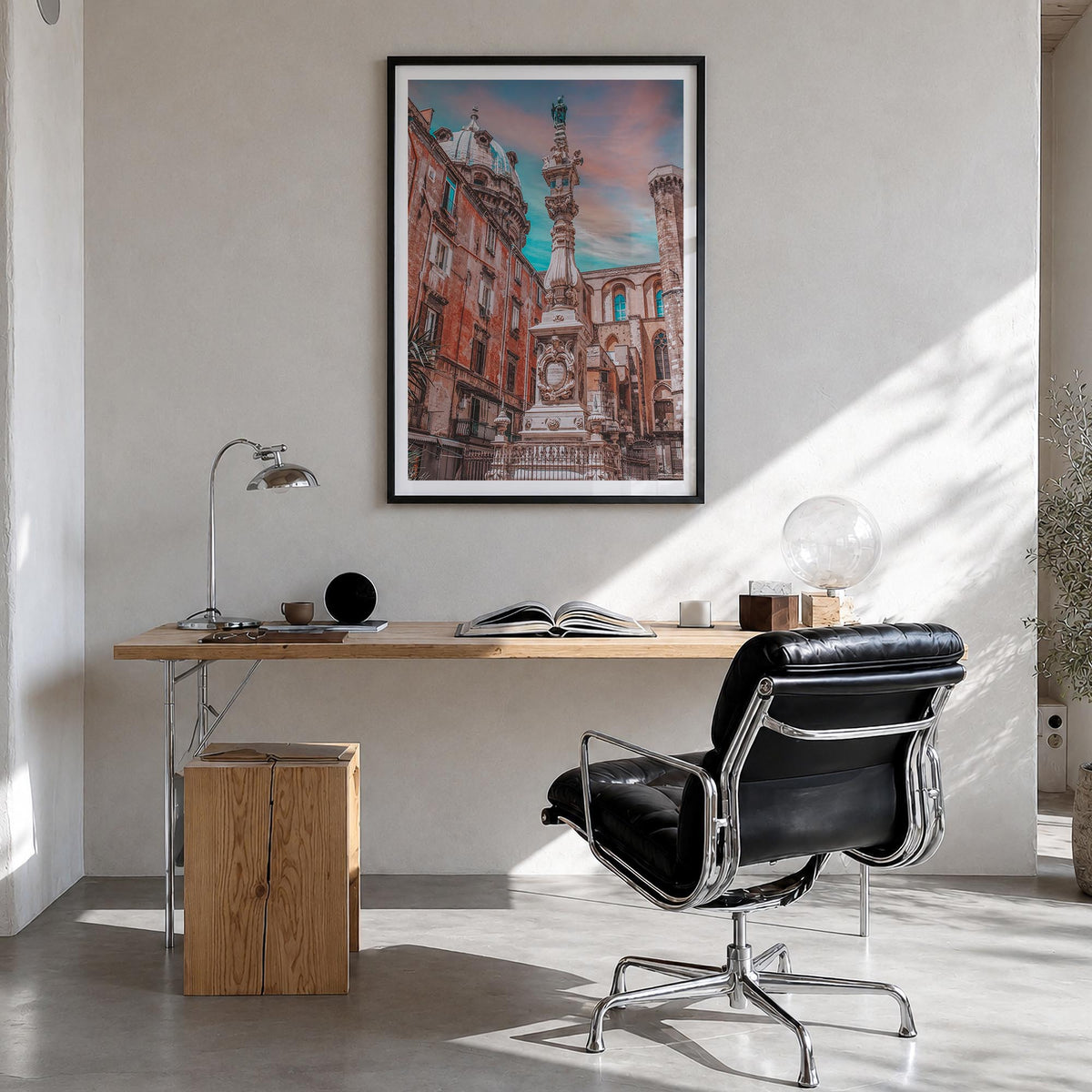 Naples, Italy no. 1 colorful photo poster of Italy – vertical wall art in black wood frame with white border, hanging on wall
