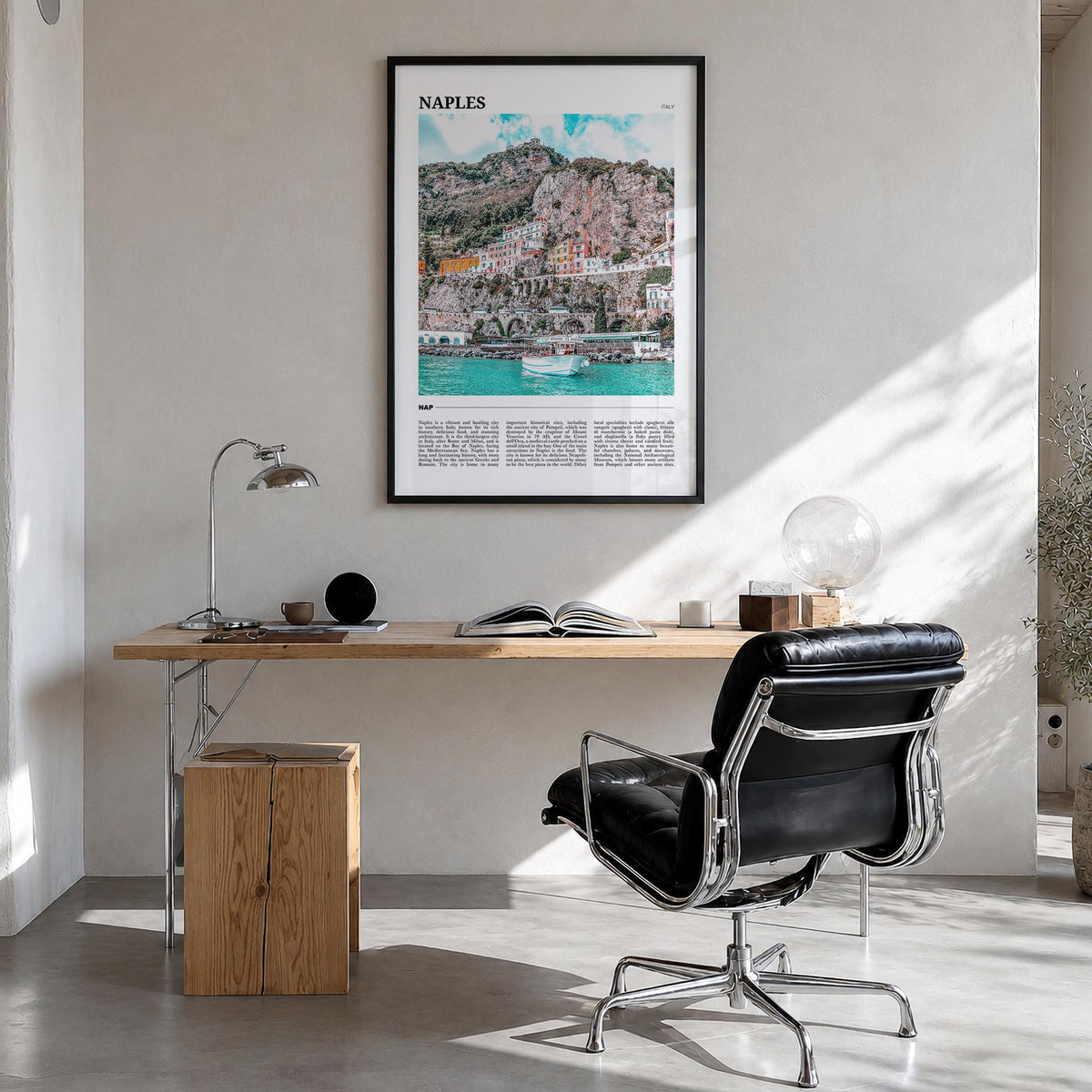 Naples, Italy no. 1 colorful travel poster of Italy – vertical wall art in black wood frame, hanging on wall