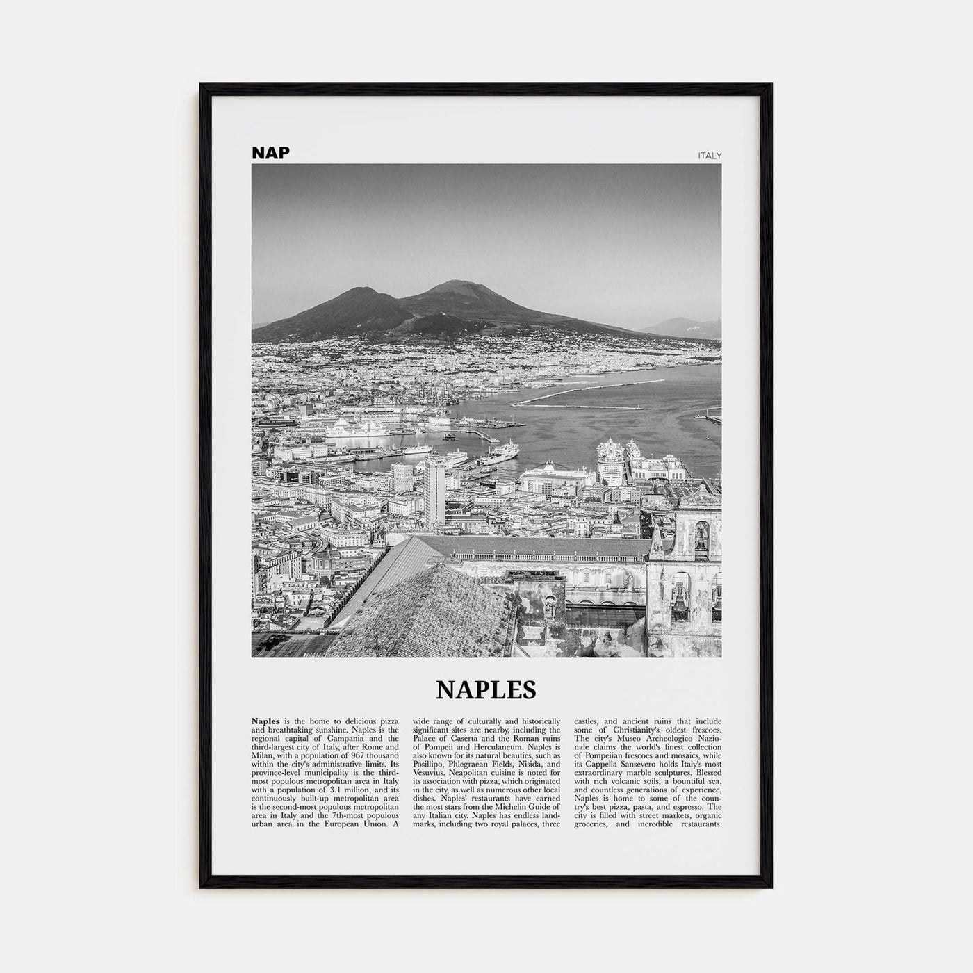 Naples, Italy No 1 Poster Black Wood / 8x12 in Nbourhood Travel B&W Poster