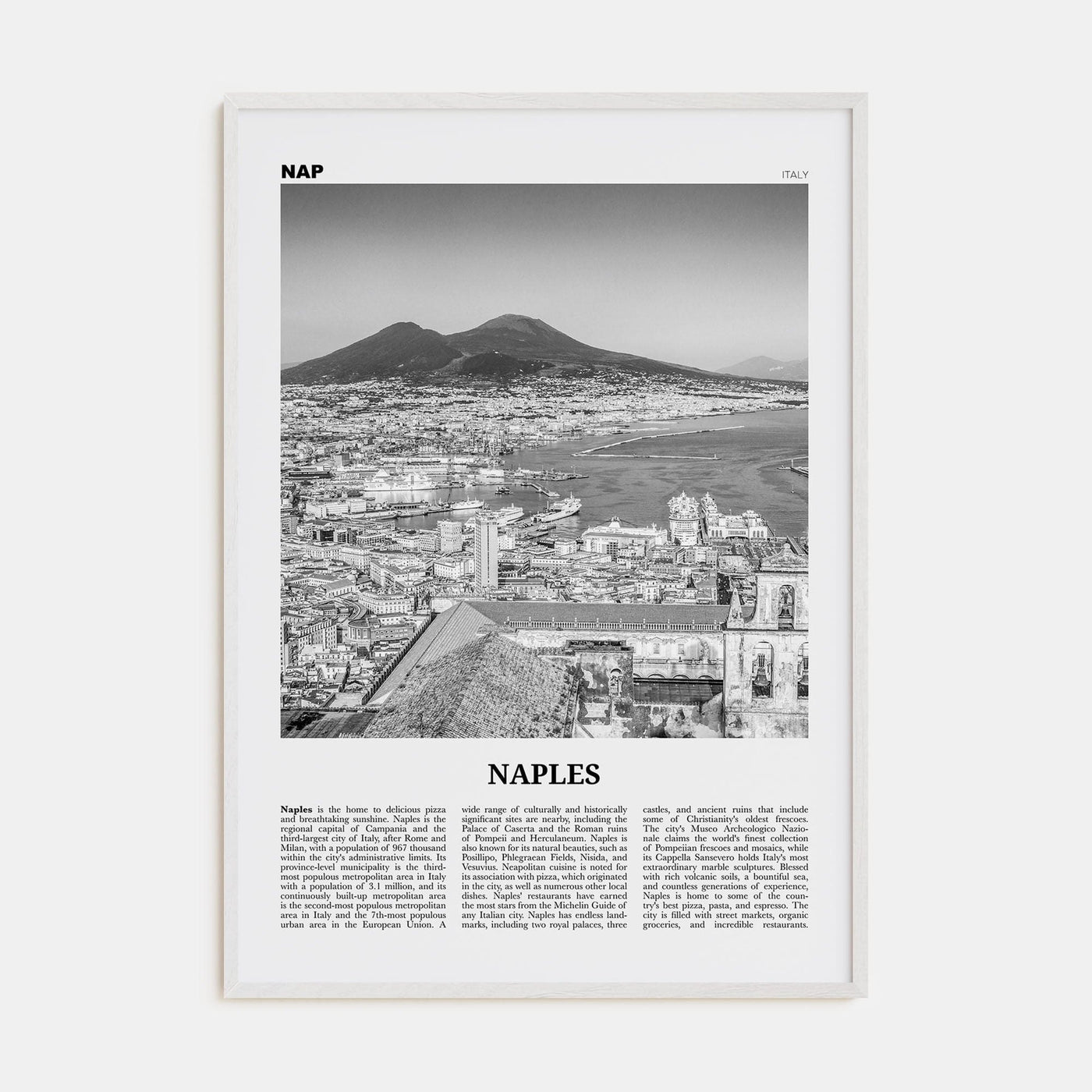 Naples, Italy No 1 Poster White Wood / 8x12 in Nbourhood Travel B&W Poster