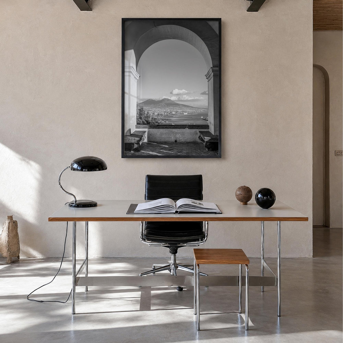 Naples, Italy no. 2 black & white photo poster of Italy – vertical wall art in black wood frame, hanging on wall