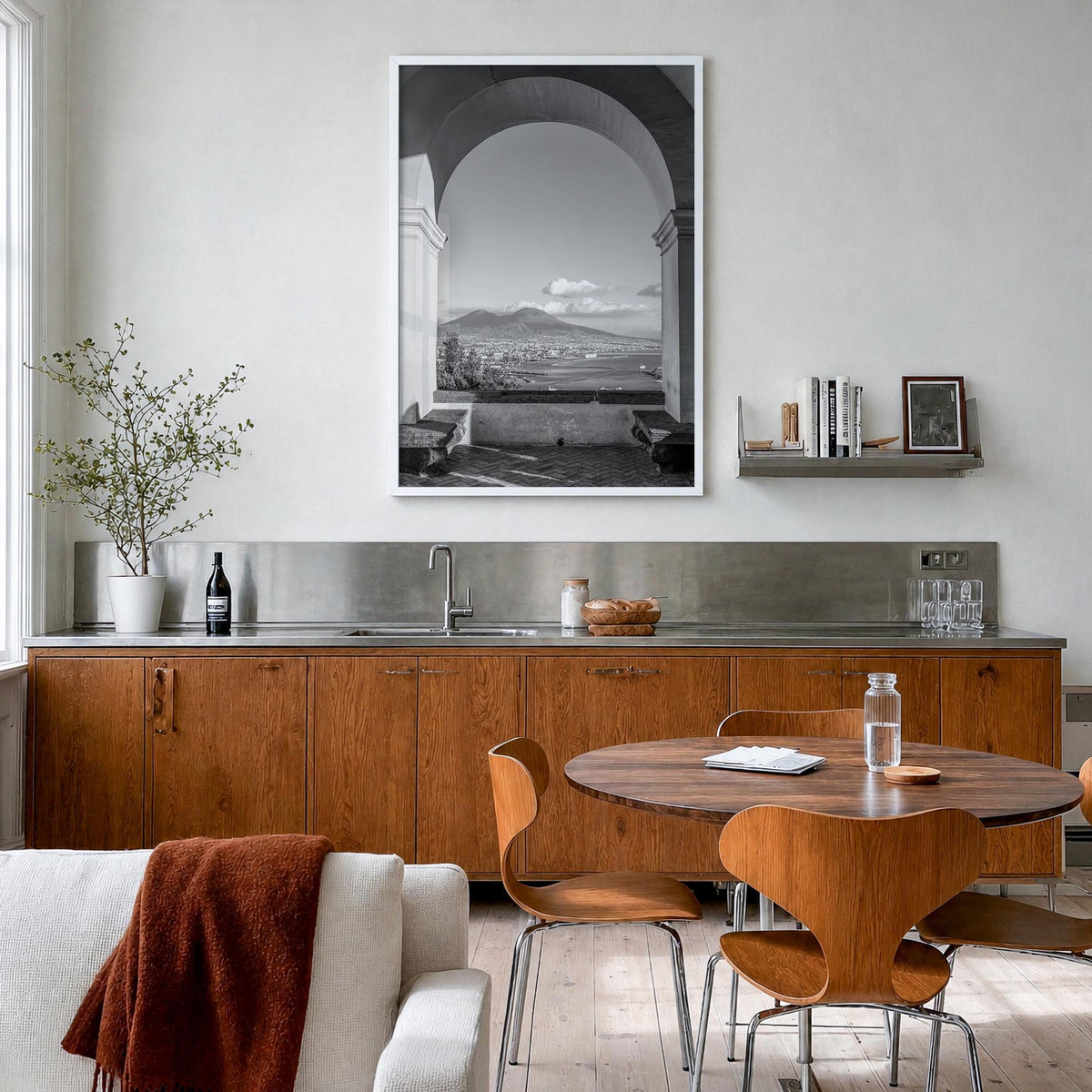 Naples, Italy no. 2 black & white photo poster of Italy – vertical wall art in white wood frame, hanging on wall