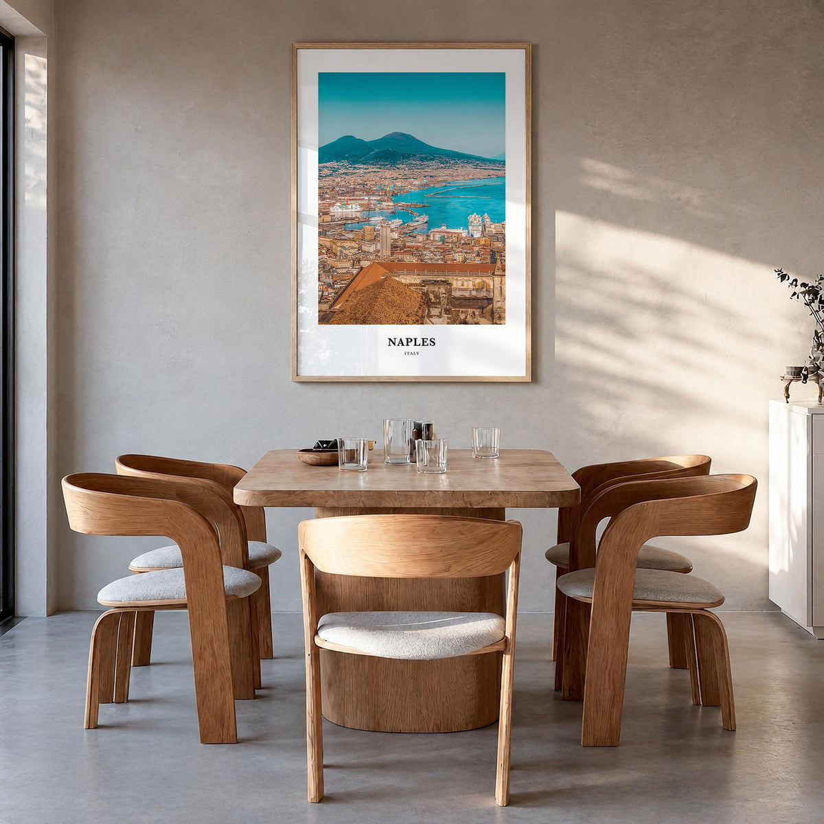 Naples, Italy no. 2 colorful classic poster of Italy – vertical wall art in natural wood frame, hanging on wall