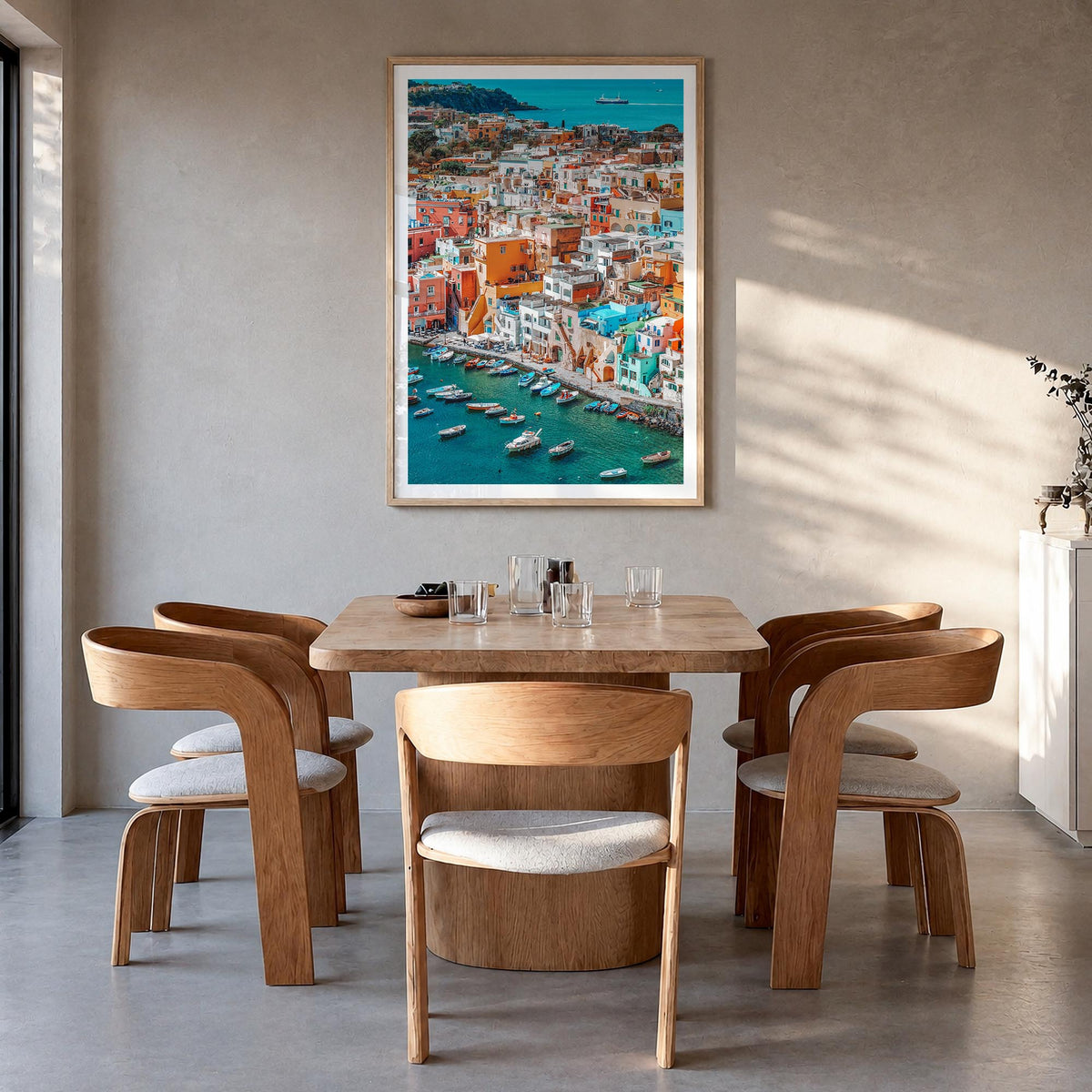 Naples, Italy no. 2 colorful photo poster of Italy – vertical wall art in natural wood frame with white border, hanging on wa