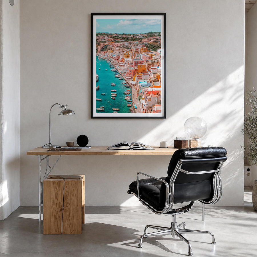 Naples, Italy no. 3 colorful photo poster of Italy – vertical wall art in black wood frame with white border, hanging on wall