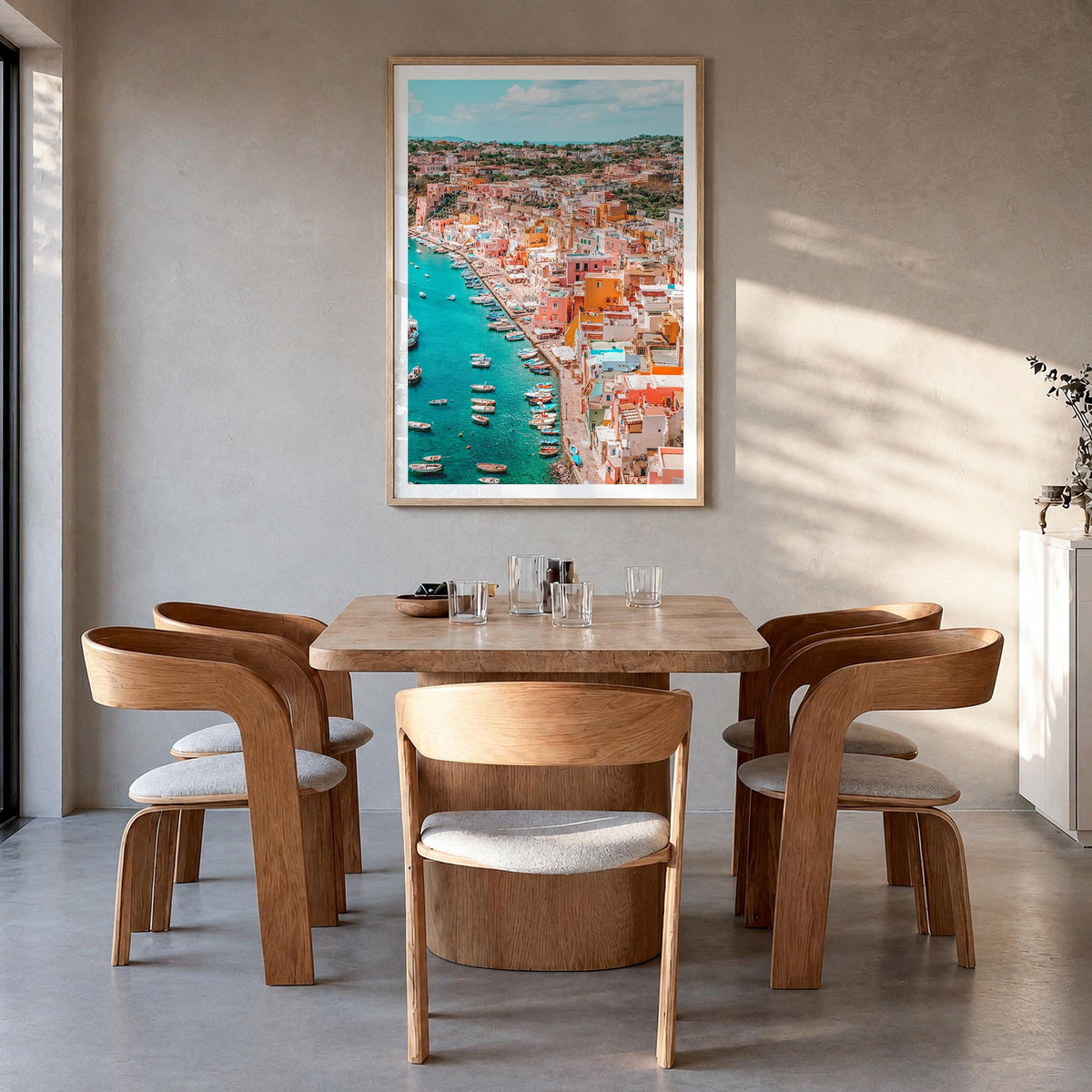 Naples, Italy no. 3 colorful photo poster of Italy – vertical wall art in natural wood frame with white border, hanging on wa