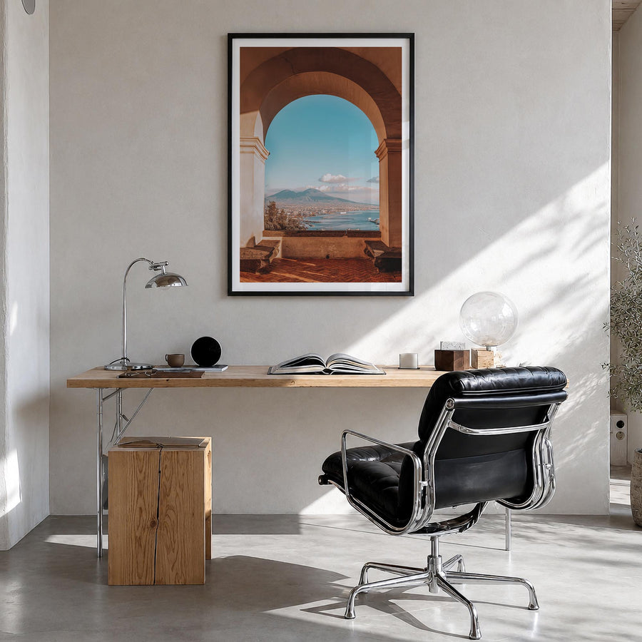 Naples, Italy no. 4 colorful photo poster of Italy – vertical wall art in black wood frame with white border, hanging on wall