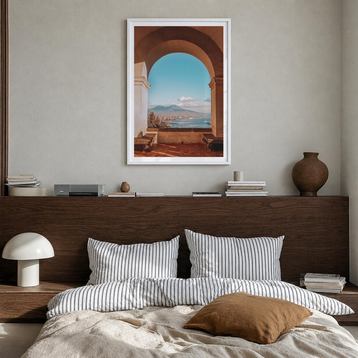 Naples, Italy no. 4 colorful photo poster of Italy – vertical wall art in white wood frame with white border, hanging on wall