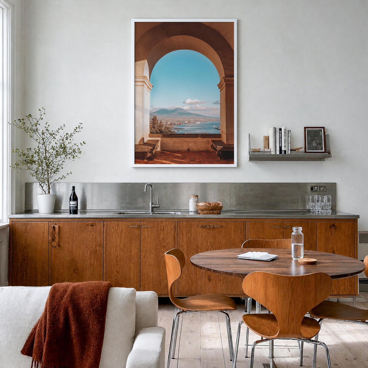Naples, Italy no. 4 colorful photo poster of Italy – vertical wall art in white wood frame, hanging on wall