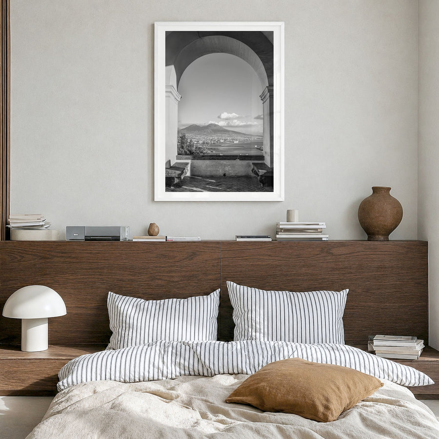 Naples, Italy Photo No 2 Poster in a white wood frame, hanging in a bedroom, white border