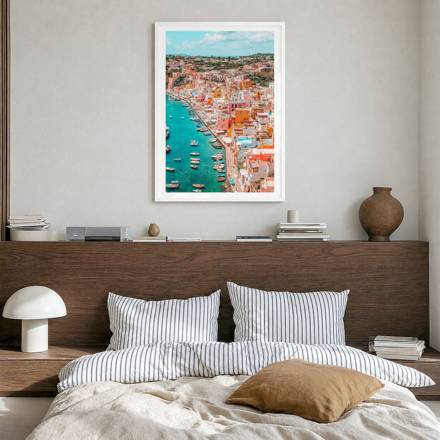 Naples, Italy Photo No 3 Poster in a white wood frame, hanging in a bedroom, white border