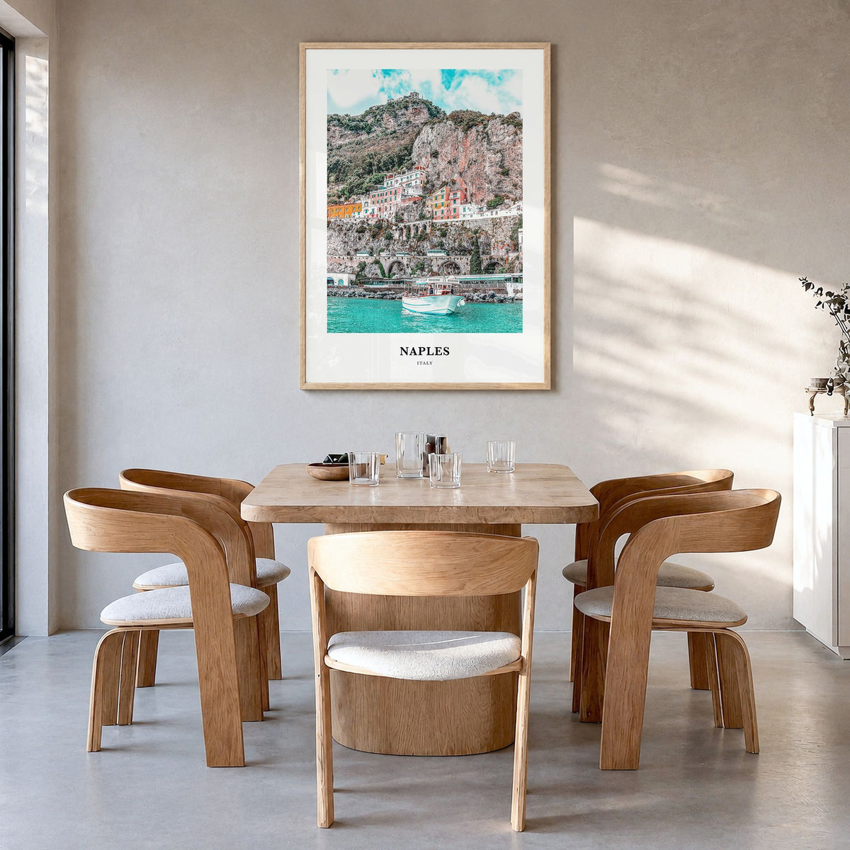 Naples, Italy Classic No 1 Poster in a natural wood frame, hanging in a dining room