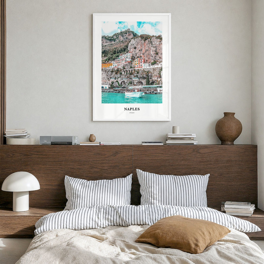 Naples, Italy Classic No 1 Poster in a white wood frame, hanging in a bedroom