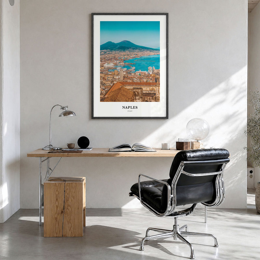 Naples, Italy Classic No 2 Poster in a black wood frame, hanging in a bright home office