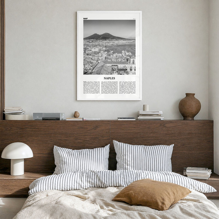 Naples, Italy Newspaper No 1 Poster in a white wood frame, hanging in a bedroom