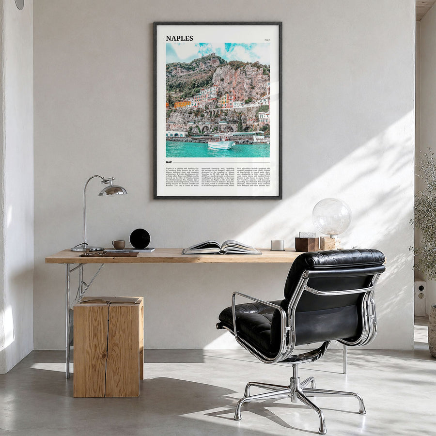 Naples, Italy Travel No 1 Poster in a black wood frame, hanging in a bright home office
