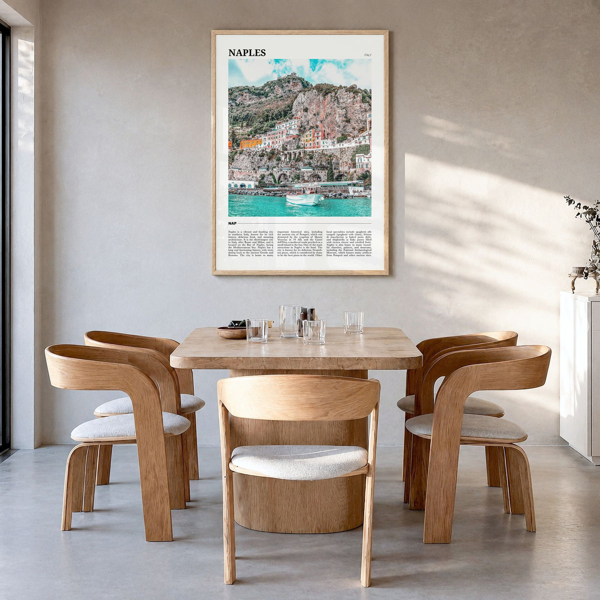 Naples, Italy Travel No 1 Poster in a natural wood frame, hanging in a dining room