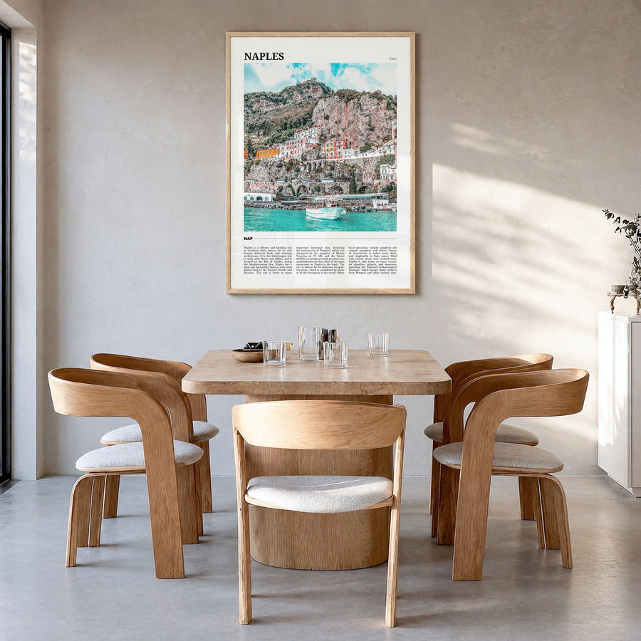 Naples, Italy Travel No 1 Poster in a natural wood frame, hanging in a dining room