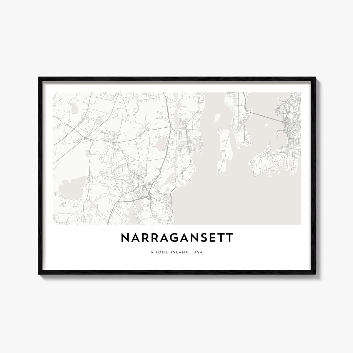 Narragansett black & white map poster of Rhode Island, USA – horizontal wall art, unframed print shown in interior mockup