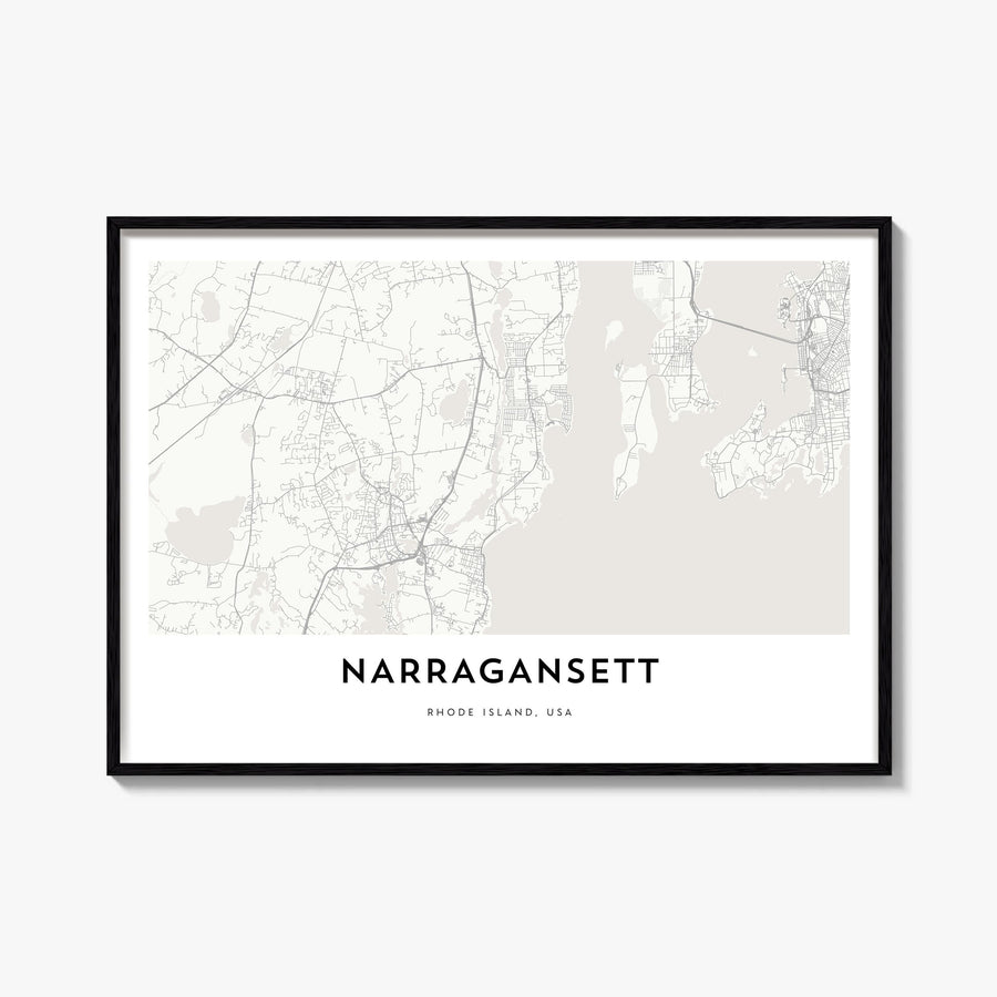 Narragansett black & white map poster of Rhode Island, USA – horizontal wall art, unframed print shown in interior mockup
