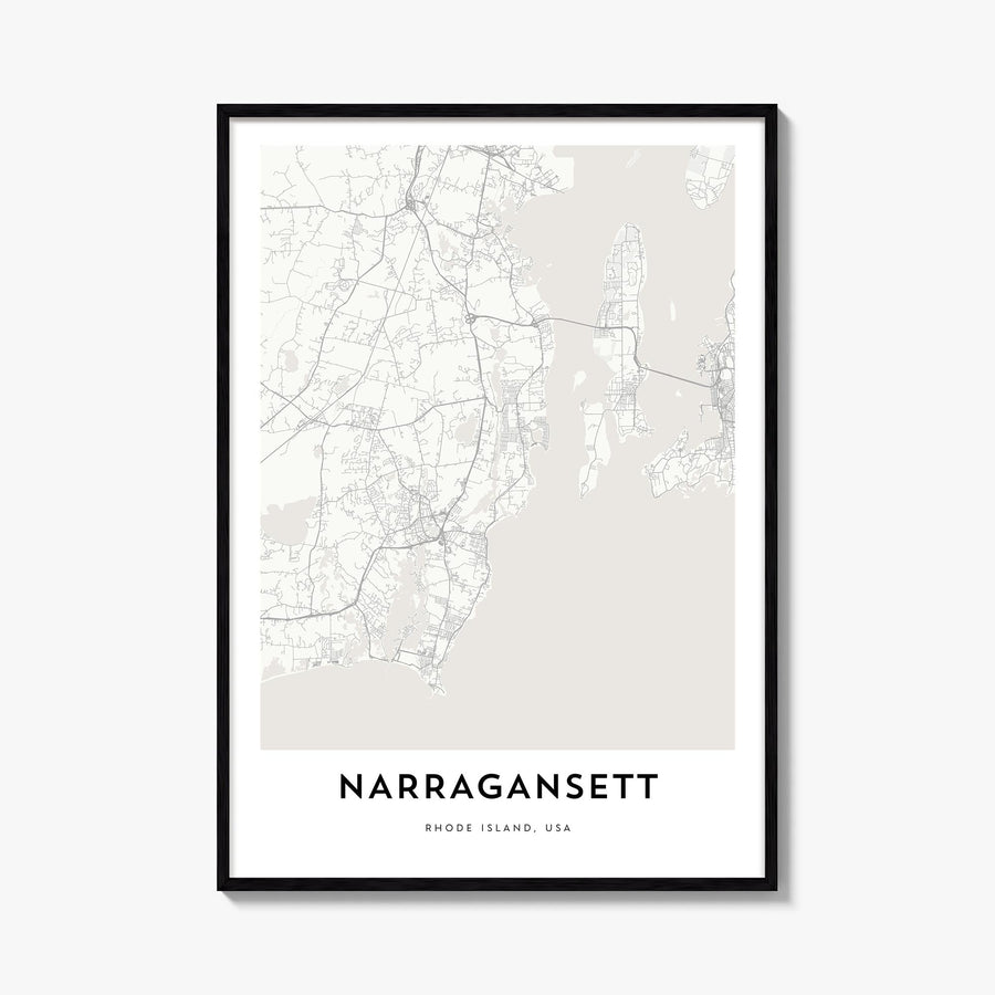 Narragansett black & white map poster of Rhode Island, USA – vertical wall art, unframed print shown in interior mockup
